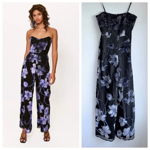 NWOT Anthropologie Hutch Venina Velvet Jumpsuit in Navy Two Tone Vining Buds S - Picture 1 of 11